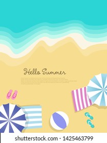 Hello summer concept vector illustration. Top view of beach. Template for poster, banner, card, flyer etc