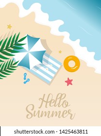 Hello summer concept vector illustration. Top view of beach. Template for poster, banner, card, flyer etc