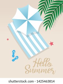 Hello summer concept vector illustration. Top view of beach. Template for poster, banner, card, flyer etc