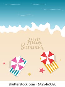 Hello summer concept vector illustration. Top view of beach. Template for poster, banner, card, flyer etc