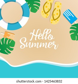 Hello summer concept vector illustration. Top view of beach. Template for poster, banner, card, flyer etc