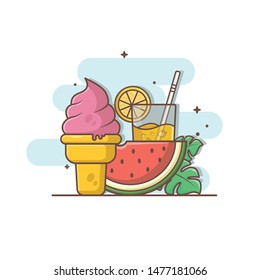hello summer concept vector illustration with watermelon,ice cream,umbrella,sunglasses. template for banners,poster,cards,flyer,etc. EPS 10