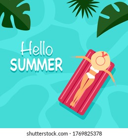 Hello summer concept vector illustration. Woman in white bikini swimsuit in float mattress. She has full relaxation on vacation holiday.