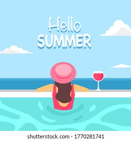 Hola ilustración vectorial de concepto de verano. Una mujer vestida con un traje de baño rosa en la piscina con bebida de fruta. Está relajada con vistas al mar en vacaciones.