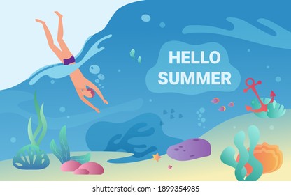 Hello summer concept vector illustration. Cartoon swimmer man character swimming in sea or ocean, exploring underwater sea bottom with fishes, corals, ship anchor. Summertime adventure background