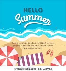 Hello summer concept vector illustration. Top view of beach. Template for poster, banner, card, flyer etc.