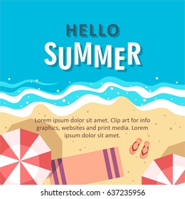 Hello summer concept vector illustration. Top view of beach. Template for poster, banner, card, flyer etc.