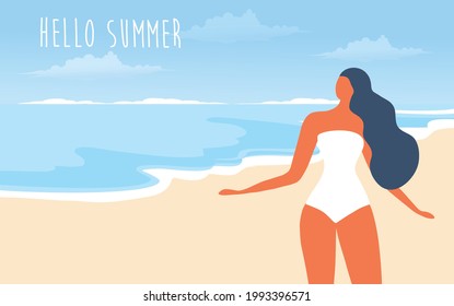 Hello summer concept, white bikini girl on the beach vector illustration