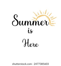 Hello summer concept. A white paper where is written with nice handwriting - Here comes the sun. Summer vibes and a half of ripe coconut on the yellow background. summer is here typography.