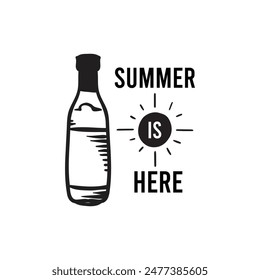 Hello summer concept. A white paper where is written with nice handwriting - Here comes the sun. Summer vibes and a half of ripe coconut on the yellow background. summer is here typography.