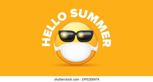 Hello summer concept with yellow Emoji sticker with mouth medical protection mask and sunglasses isolated on orange horizontal banner background. Vector hello summer poster or flyer with emoji