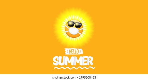 Hello summer concept with yellow Emoji sticker with mouth medical protection mask and sunglasses isolated on orange horizontal banner background. Vector hello summer poster or flyer with emoji