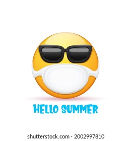 Hello summer concept with yellow Emoji sticker with mouth medical protection mask and sunglasses isolated on white background. hello summer emoji icon . Vector summer character