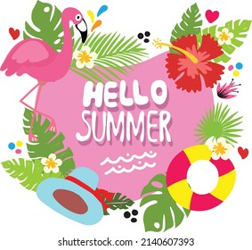 hola conceptos de verano diseño de banner fondo rosa flamingo sombrero de flor hojas de vectores fresco