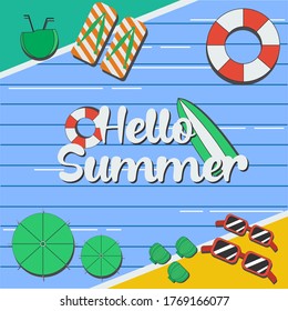 Hello Summer consists of sunglasses, swimming tires, a pair of sandals with a blue background