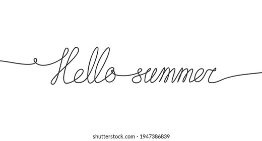 Hallo Sommer ununterbrochene 1-zeilige Zeichnung, Kalligrafie Schrift handschriftlich schwarz-weiß Grafik Linie Kunst, Sommergruss Grußangebot