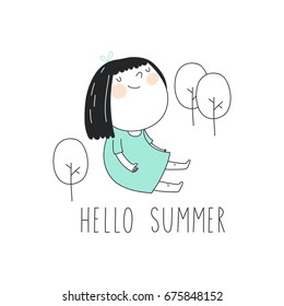 Hello summer. Cool card with cute girl