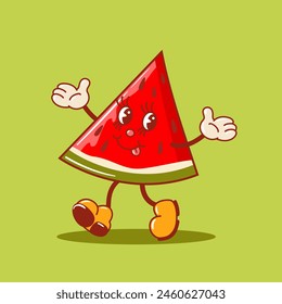 Hello summer. Cool running watermelon slice, cute retro cartoon character. Vintage trendy old style. For sale, cards and banners. Fruit graphic design for posters, design elements