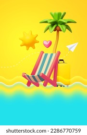 Hello Summer! Cool summer vacation. 3D tropic holiday design. Exotic journey. Dech chair, palm and sun. Relax design