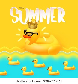 Hello Summer! Cool summer vacation. 3D tropic holiday design. Exotic journey. Duck pool ring with crown