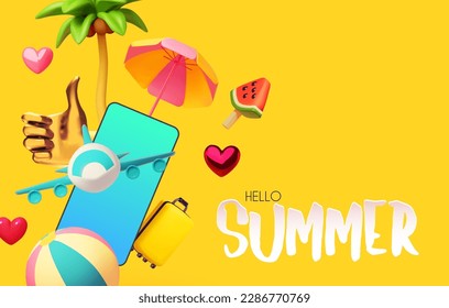 Hello Summer! Cool summer vacation. 3D tropic holiday design. Exotic journey. Phone, palm, plane, umbrella, suitcase and ball