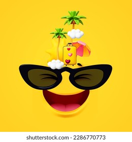 Hello Summer! Cool summer vacation. 3D tropic holiday design. Exotic journey. Smiling face with sunglasses, suitcase, palms and beach umbrella