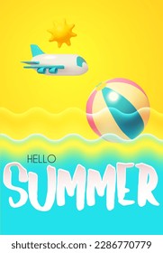 Hello Summer! Cool summer vacation. 3D tropic holiday design. Exotic journey. Sea wavwe, plane and ball