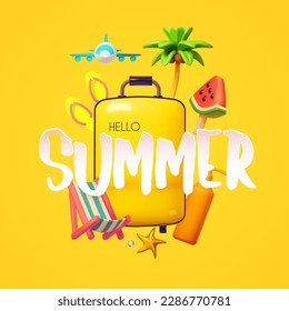 Hello Summer! Cool summer vacation. 3D tropic holiday design. Exotic journey. Suitcase, deck chair. plame and sneakers.