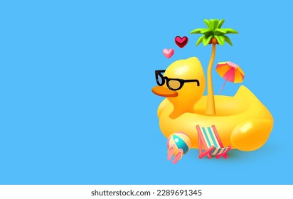 Hello Summer! Cool summer vacation. 3D tropic holiday design. Exotic journey. Duck pool ring, deck chair, palm, umbrella and waves