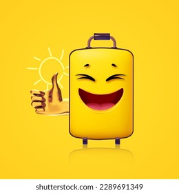 Hello Summer! Cool summer vacation. 3D tropic holiday design. Exotic journey. Smiling suitcase with thumbs up hand