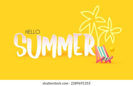 Hello Summer! Cool summer vacation. 3D tropic holiday design. Exotic journey. Palms and deck chair