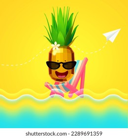 ¡Hola, verano! Las frescas vacaciones de verano. Diseño de vacaciones trópicas en 3D. Un viaje exótico. Piña fría con gafas de sol en la tumbona