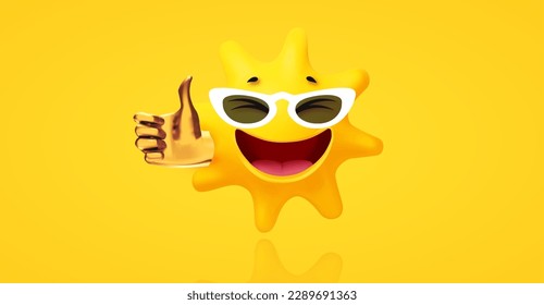 Hello Summer! Cool summer vacation. 3D tropic holiday design. Exotic journey. Smiling sun with sunglasses