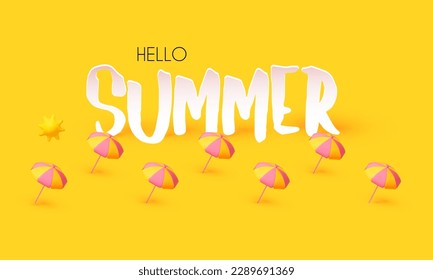 Hello Summer! Cool summer vacation. 3D tropic holiday design. Exotic journey. Beach umbrellas and sun
