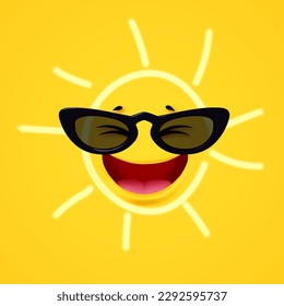 ¡Hola, verano! Las frescas vacaciones de verano. Diseño de vacaciones trópicas en 3D. Un viaje exótico. Sol sonriente con gafas de sol