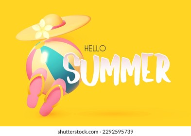 Hello Summer! Cool summer vacation. 3D tropic holiday design. Exotic journey. Sun hat, beach ball and sneakers