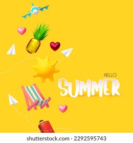 Hello Summer! Cool summer vacation. 3D tropic holiday design. Exotic journey. Sun, plane, pineapple, suitcase, deck chair