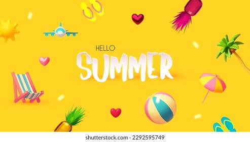 Hello Summer! Cool summer vacation. 3D tropic holiday design. Exotic journey. Deck chair, pineapple, umbrella and ball