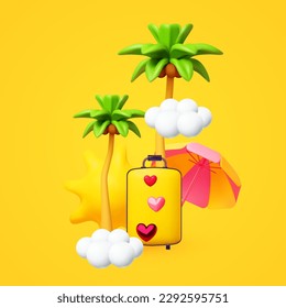 Hello Summer! Cool summer vacation. 3D tropic holiday design. Exotic journey. Palms, couds, sun, suitcase and beach umbrella