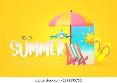 Hello Summer! Cool summer vacation. 3D tropic holiday design. Exotic journey. Deck chair under beach umbrella and sneakers