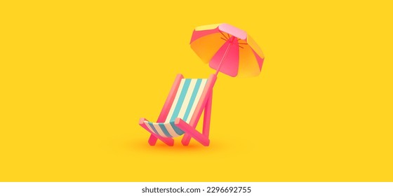 Hello Summer! Cool summer vacation. 3D tropic holiday design. Exotic journey. Dech chair under umbrella. Beach design