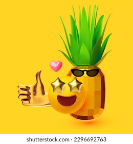 Hello Summer! Cool summer vacation. 3D tropic holiday design. Exotic journey. Smiling happy face, thumbs up gesture and pineapple