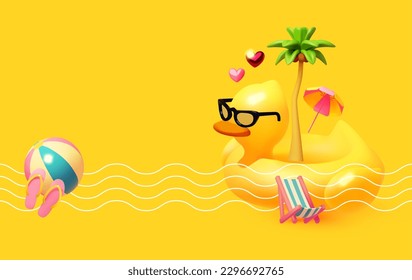 Hello Summer! Cool summer vacation. 3D tropic holiday design. Exotic journey. Duck pool ring, deck chair, palm, umbrella and waves