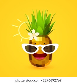Hello Summer! Cool summer vacation. 3D tropic holiday design. Exotic journey. Smiling gold pineapple with sunglasses