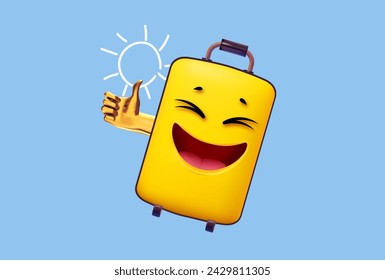 Hello Summer! Cool summer vacation. 3D tropic holiday design. Exotic journey. Smiling suitcase with thumbs up hand
