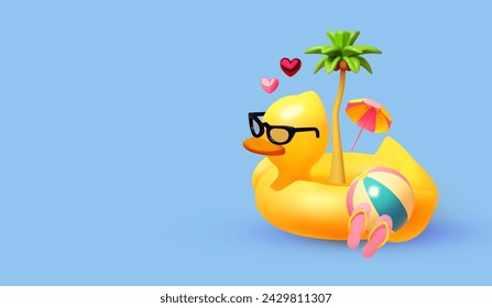 ¡Hola Summer! Frescas vacaciones de verano. Diseño de vacaciones tropicales 3D. Viaje exótico. Anillo de piscina de pato, palma, paraguas y pelota de playa