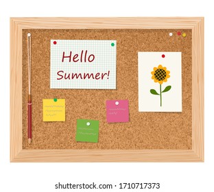 Hello Summer. Cork board with to do list, adhesive notes and push pins. Vector illustration