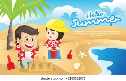 
Hello Summer Couple at Beach, Fully Vector Graphic and Editable