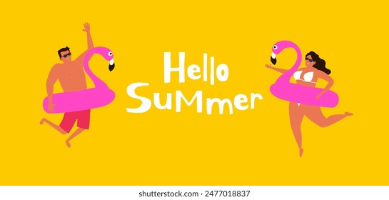 hello summer couple man and woman with inflatable pink flamingo on yellow background vector illustration 