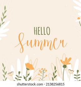 Hello summer. Cream banner with yellow and white spring flowers.